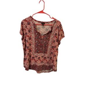 Lucky Brand Size XL Red Blue Floral Print V Neck Short Sleeve Top Blouse
